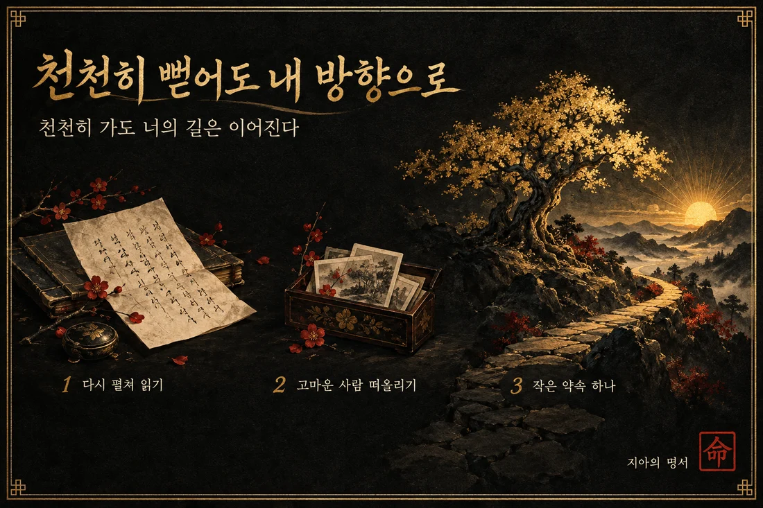 명서 그림 예시, 천천히 뻗어도 내 방향으로: 편지와 금빛 나무, 해 뜨는 쪽으로 난 길